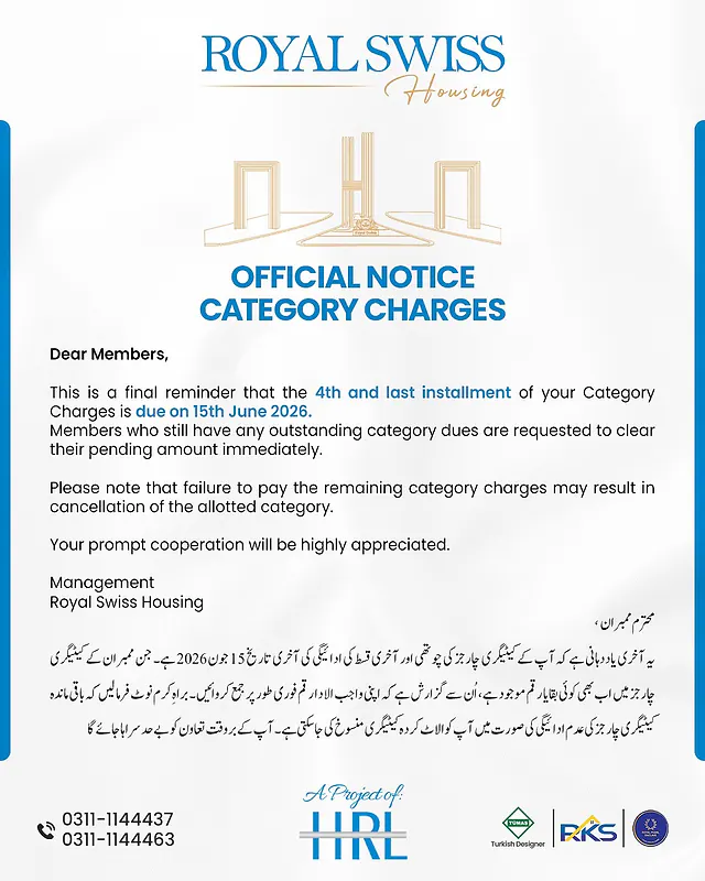 Royal Swiss Housing final category charges installment reminder