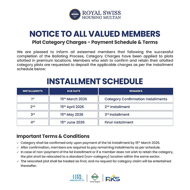 Royal Swiss Housing plot category charges payment schedule and terms