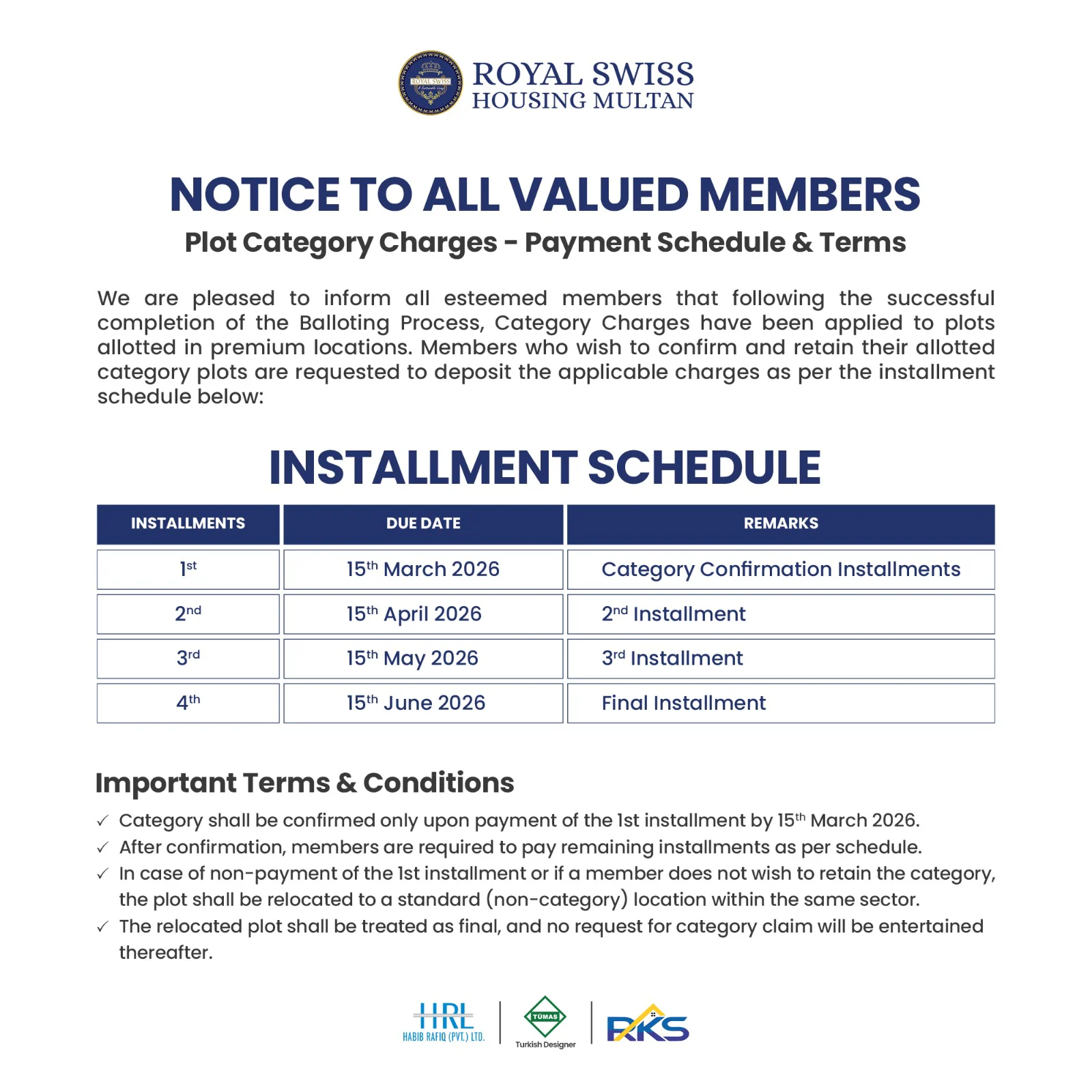 Royal Swiss Housing plot category charges payment schedule and terms