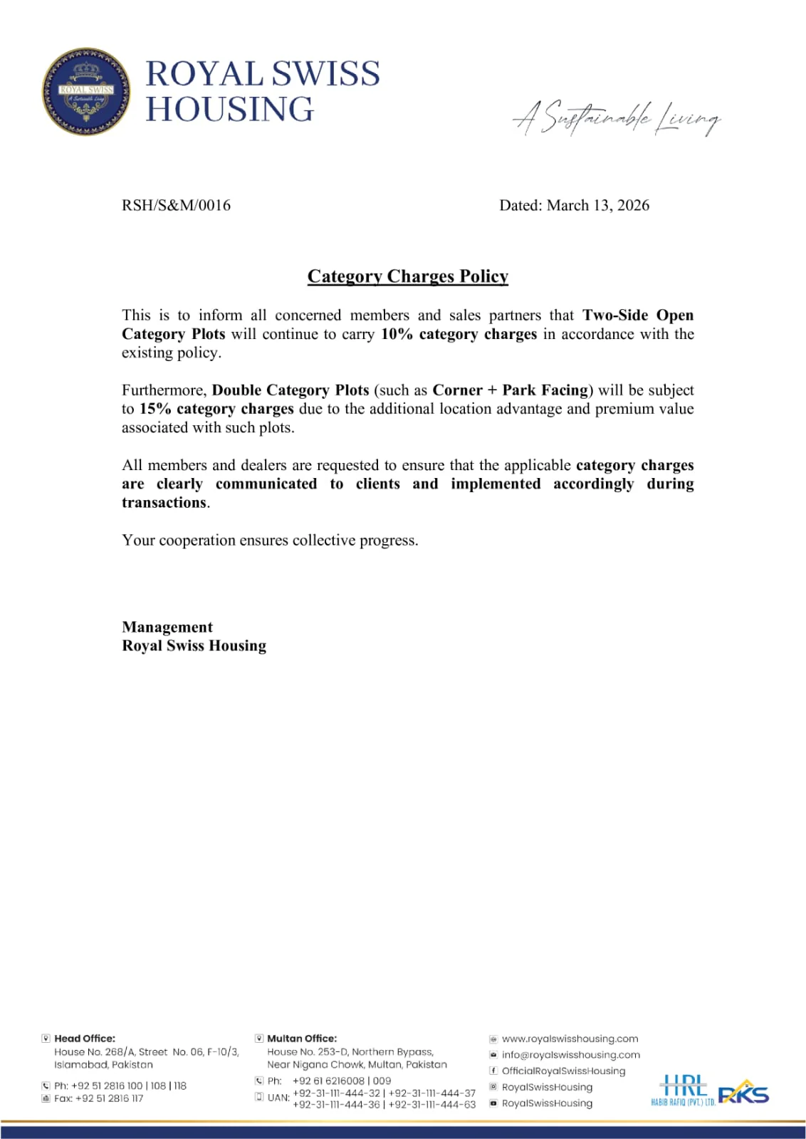Royal Swiss Housing category charges policy dated March 13, 2026