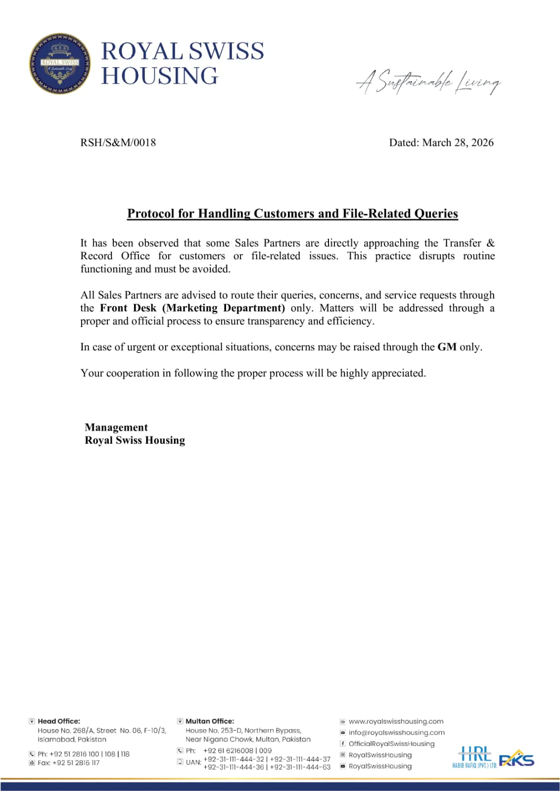 Royal Swiss Housing protocol for customer and file-related queries