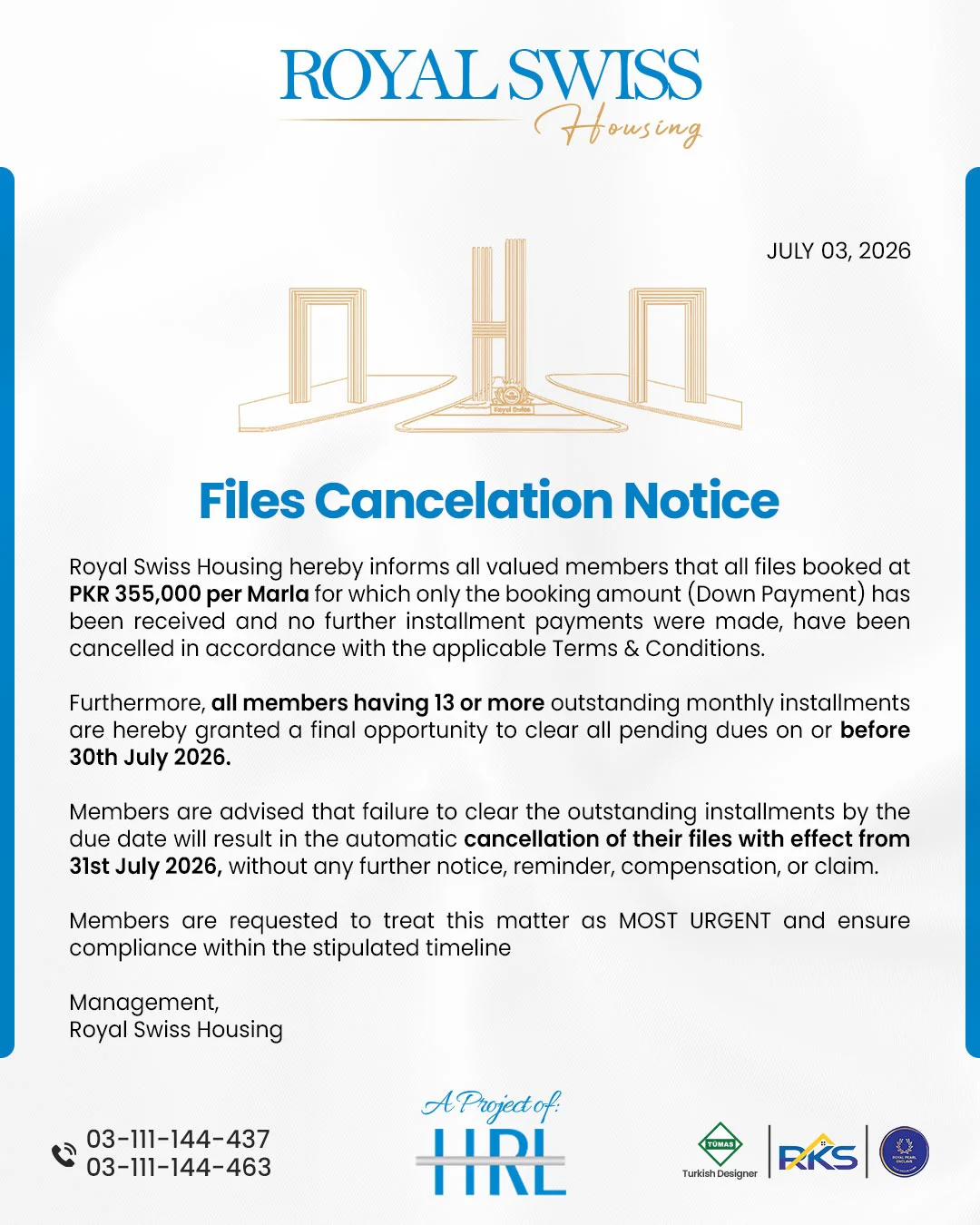 Royal Swiss Housing files cancellation notice dated July 3, 2026