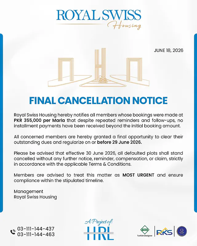 Royal Swiss Housing final cancellation notice dated June 18, 2026