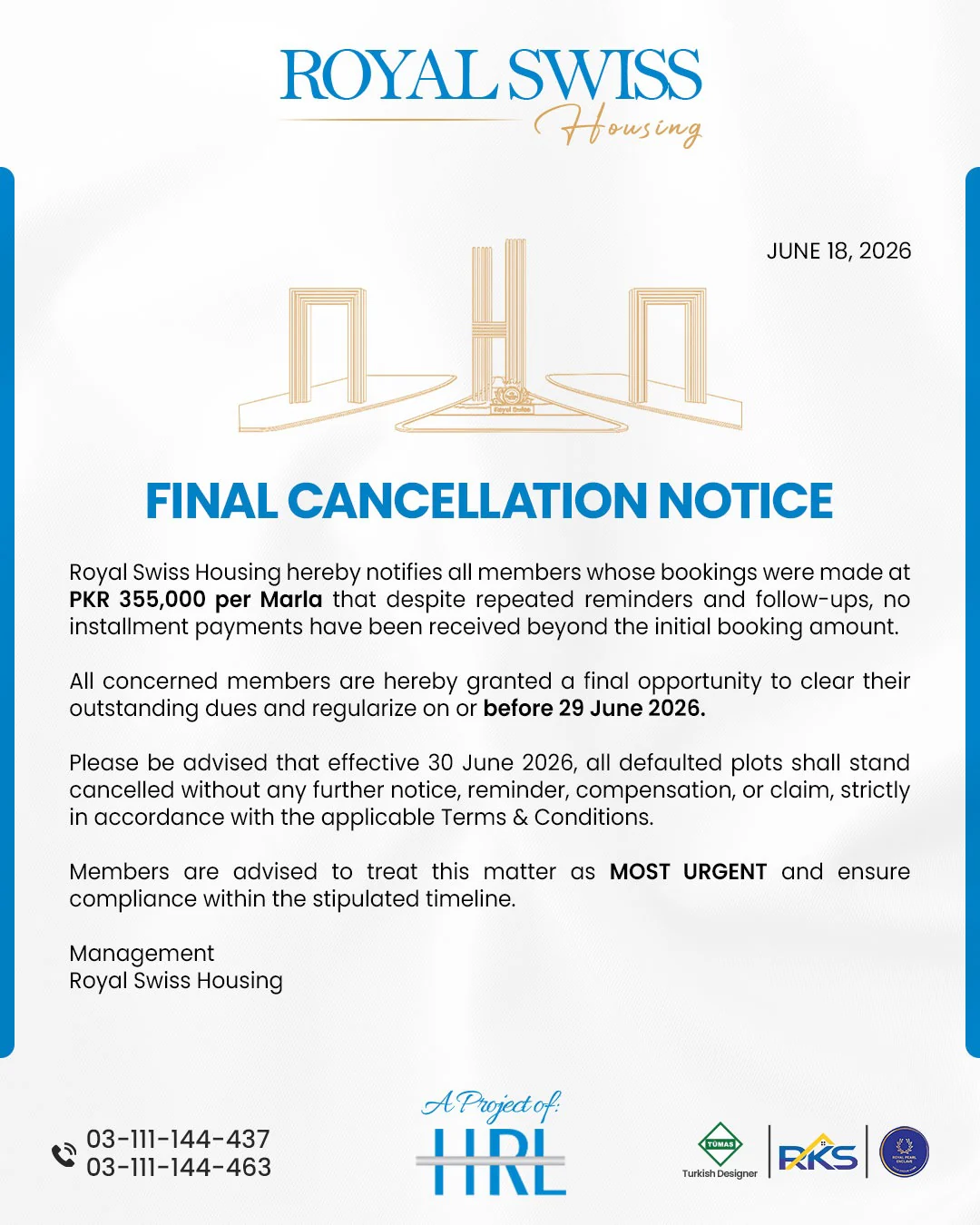 Royal Swiss Housing final cancellation notice dated June 18, 2026