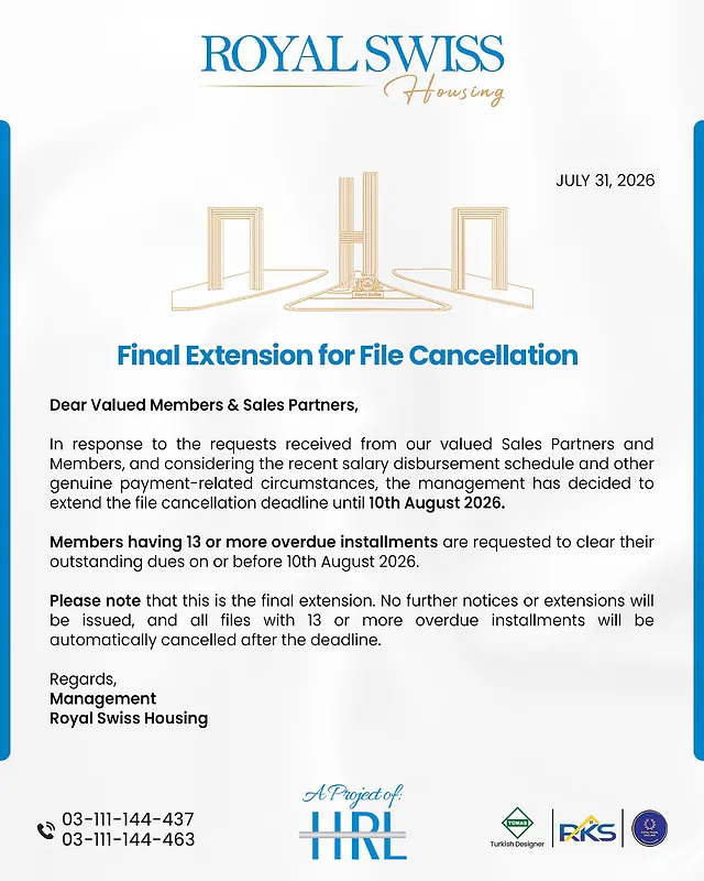 Royal Swiss Housing final extension notice for file cancellation dated July 31, 2026