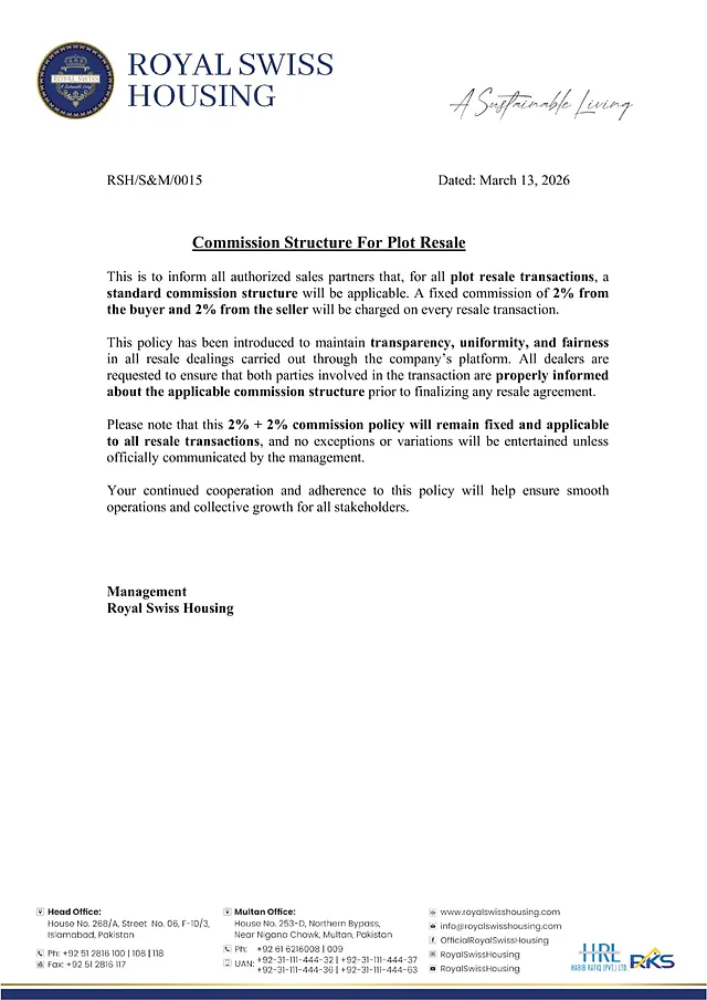 Royal Swiss Housing commission structure for plot resale